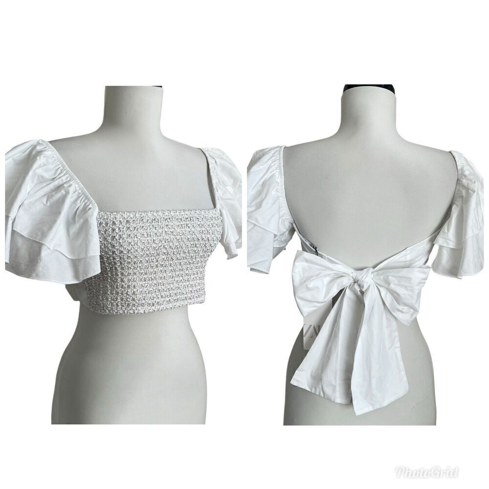 ZARA Ruffle Sleeve Crop Top Small White - Picture 2 of 13